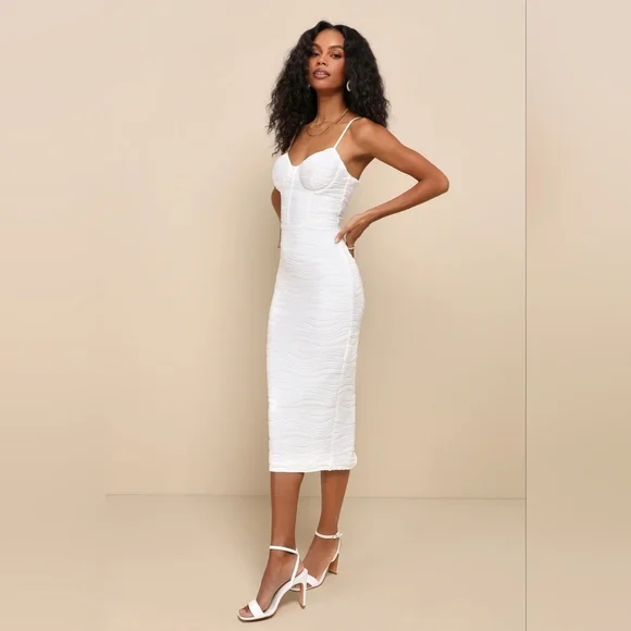 Lulus Undeniable Icon White Textured Bustier Bodycon Midi Dress S Wedding Party - Picture 4 of 10